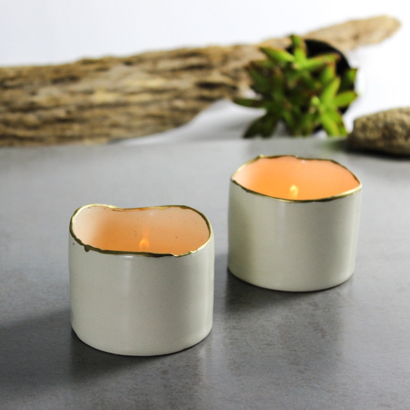 Cylindrical Candle Holders with Metallic Gold Line Detail