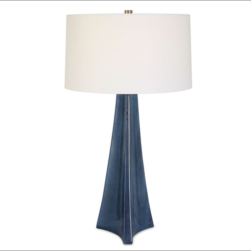 Dark Blue Triangular Table Lamp, Sculptural Ceramic