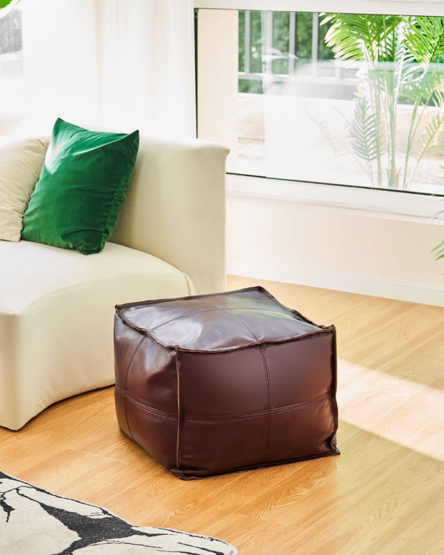 Dark Brown Square Pouf Ottoman with Stitched Flange Seam Details