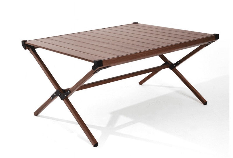 Dark Brown Wood-Grain Aluminum Roll-Top Camping Table with X-Frame