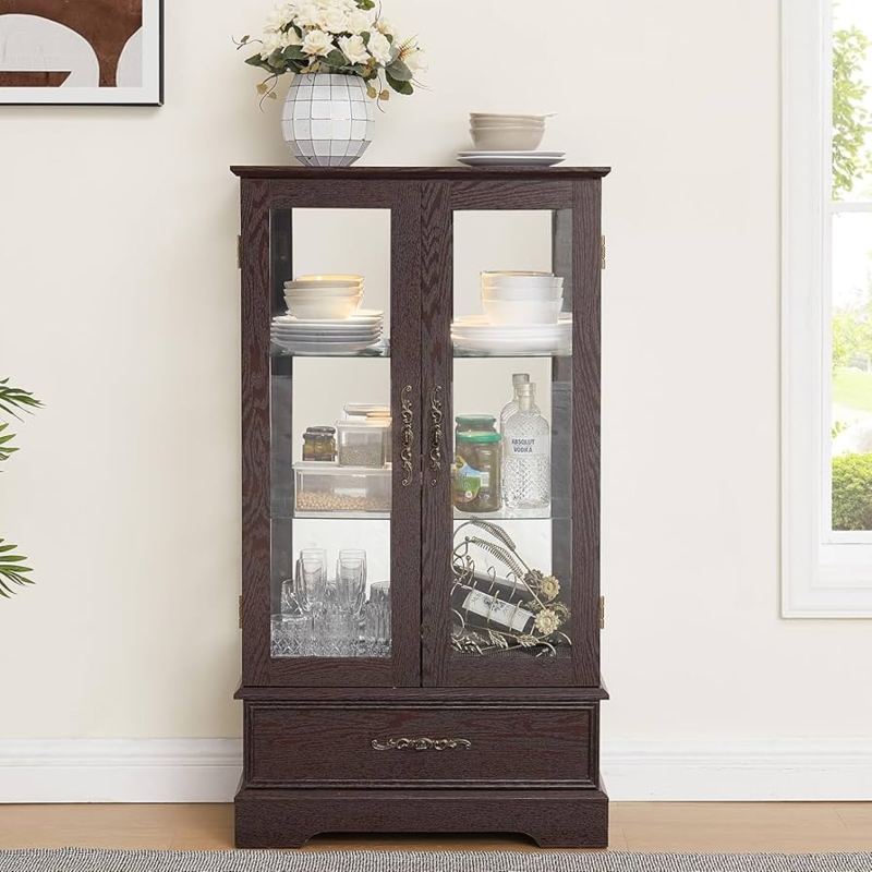 Dark Cherry Curio Cabinet Mirrored Back with Ornate Pulls and Drawer