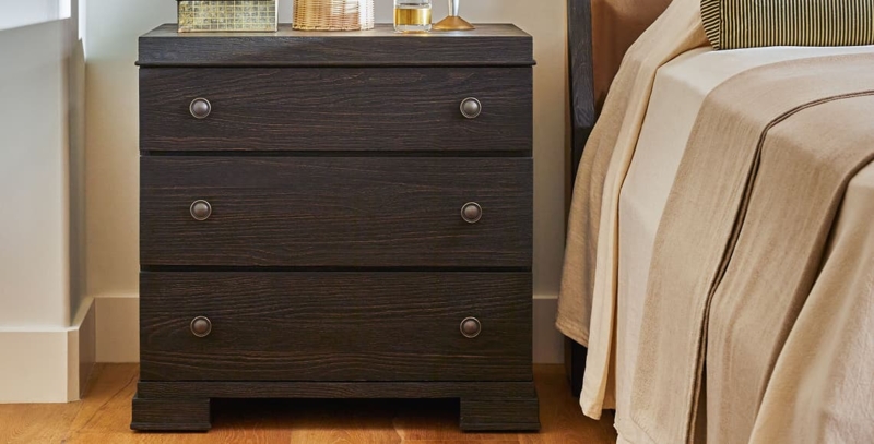 Dark Espresso Nightstand Three Drawer Bedside Table Textured Wood Grain