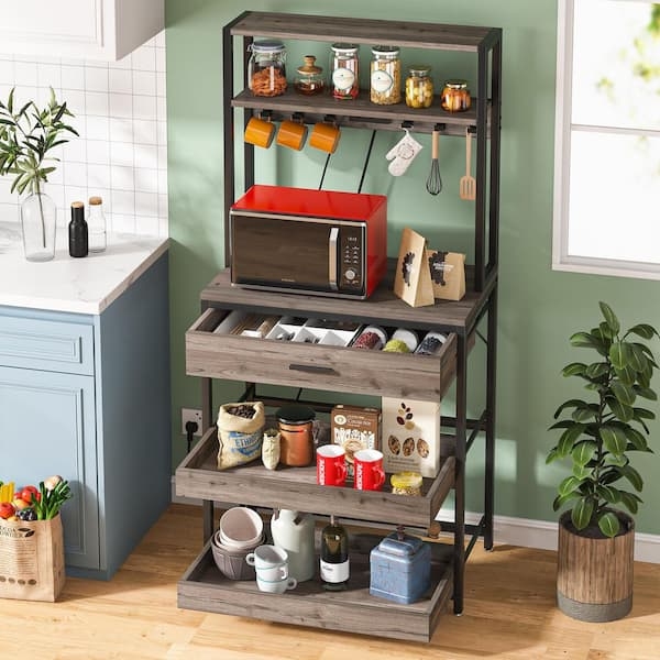 Dark Gray Bakers Rack with Sliding Shelves and Built-In Drawer