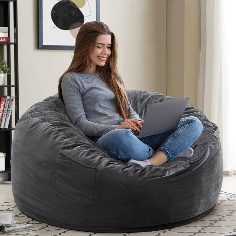 Dark Grey Bean Bag Chair with Side Storage Pocket, Suede-Like Finish
