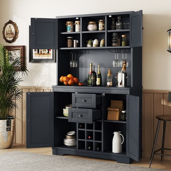 Dark Navy Bar Cabinet with Built-In Wine Rack