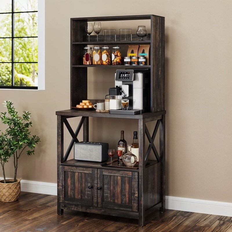 Dark Walnut Bakers Rack with X-Frame Sides and Bottom Cabinet