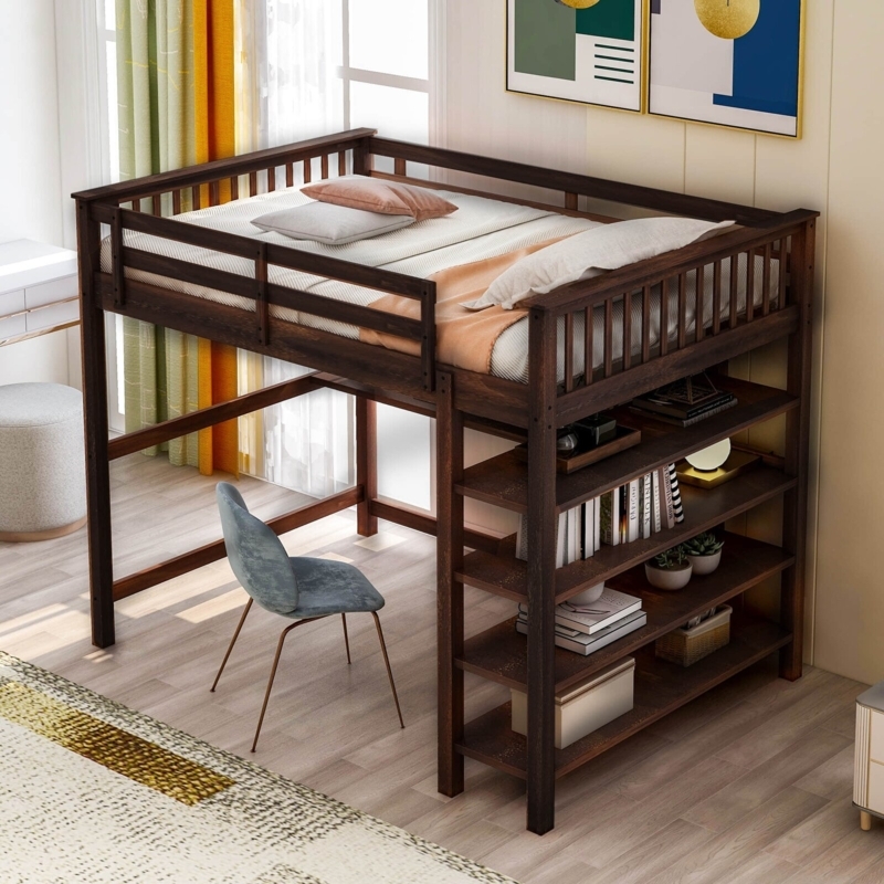 Dark Walnut Loft Bed with Integrated Desk and 4-Tier Shelving Unit
