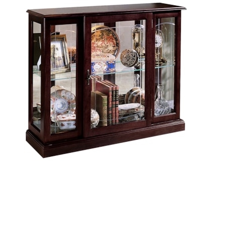 Dark Wood Curio Console with Mirrored Back and Center Door Latch