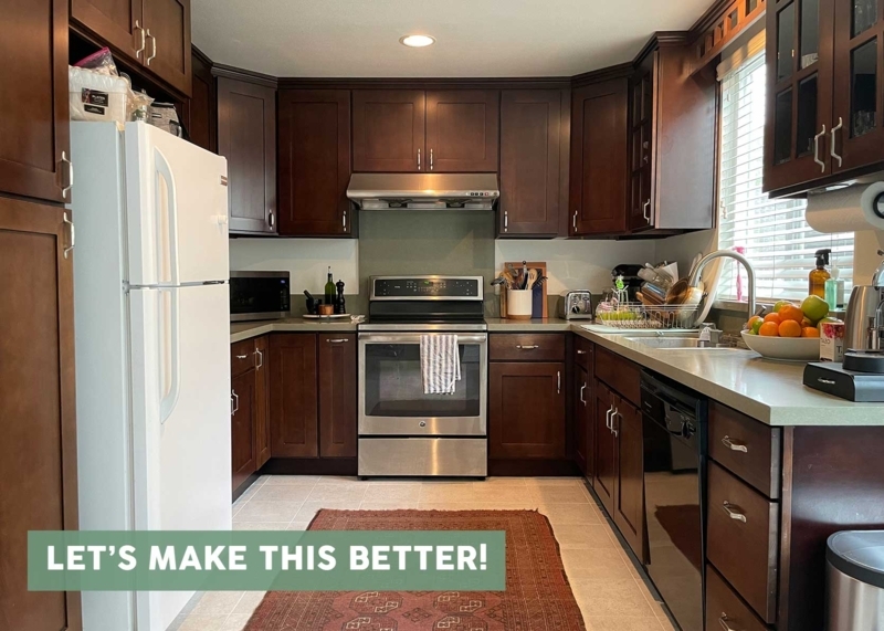Dark Wood Kitchen Cabinets with Red Patterned Area Rug