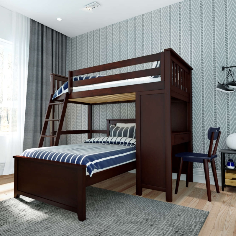 Dark Wood Loft Bed System with Desk and Perpendicular Twin Lower Bed