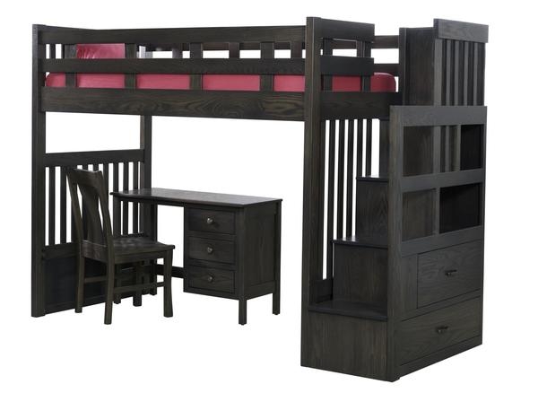 Dark Wood Mission Style Loft Bed with Staircase Storage and Desk