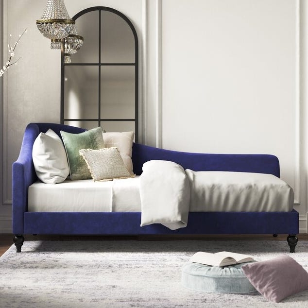 Daybed in Royal Blue Velvet with Asymmetrical Curved Back, Glam Seating