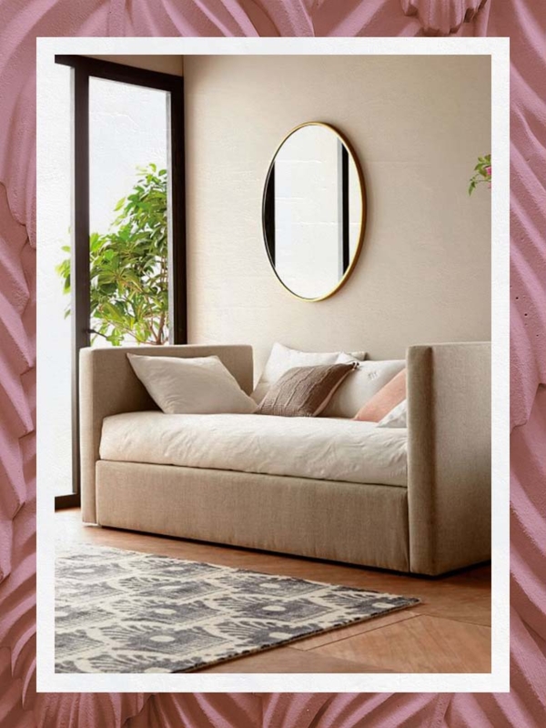 Daybed with Boxy Frame and High Sides, Minimalist Neutral Sunroom Seating