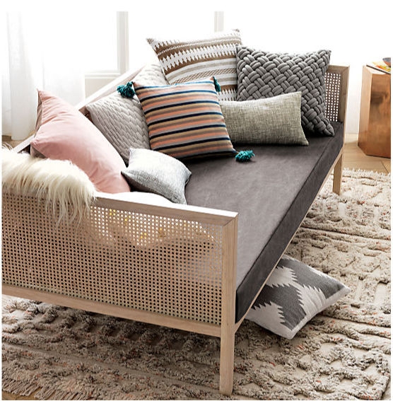 Daybed with Cane Side Panels and Charcoal Upholstery, Boho Chic Styling