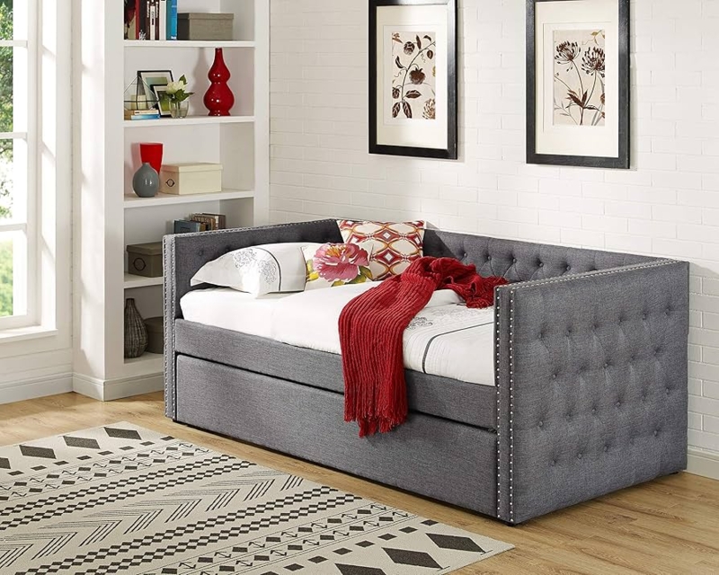 Daybed with Diamond Tufting and Shelter Arms, Charcoal Grey with Trundle