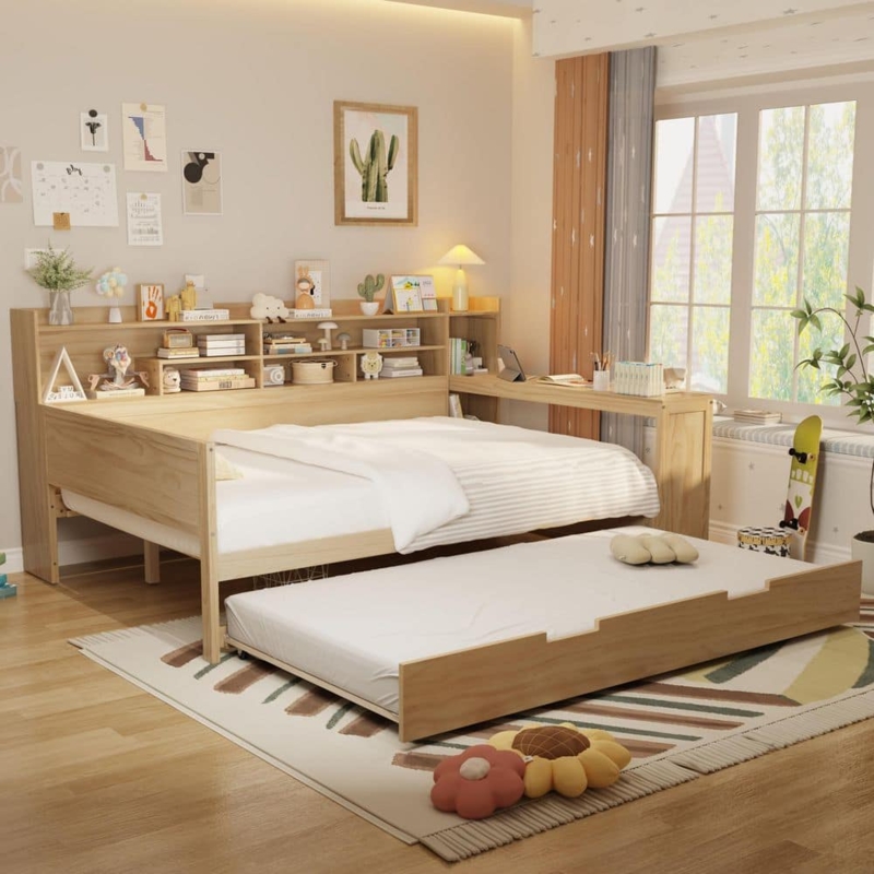 Daybed with Integrated Desk and Storage Headboard, Natural Wood Finish