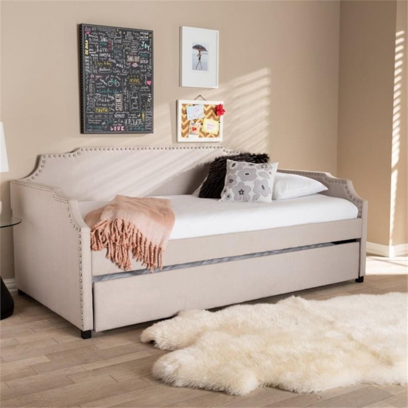 Daybed with Nailhead Trim and Arched Backrest, Upholstered with Trundle