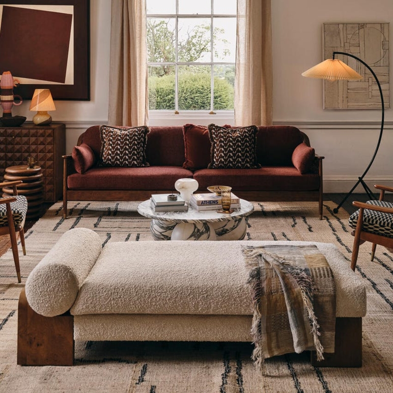 Daybed with Nubby Texture and Cylindrical Bolster, Eclectic Living Room