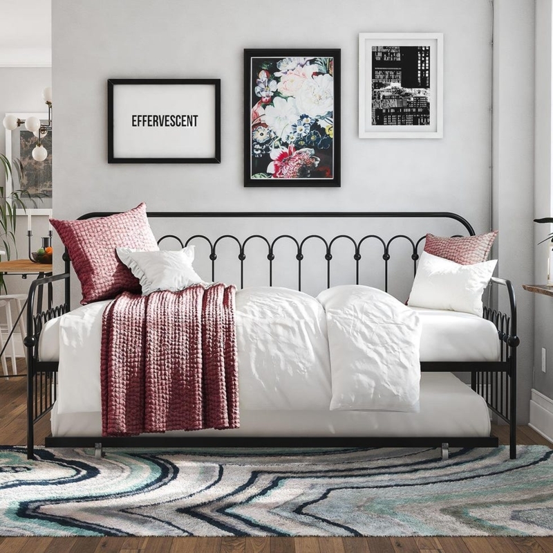 Daybed with Scalloped Backrest and Pull Out Trundle, Black Metal Frame