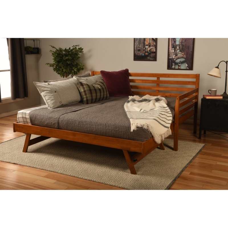 Daybed with Slatted Frame and Pop Up Trundle, Honey Wood Tone Finish