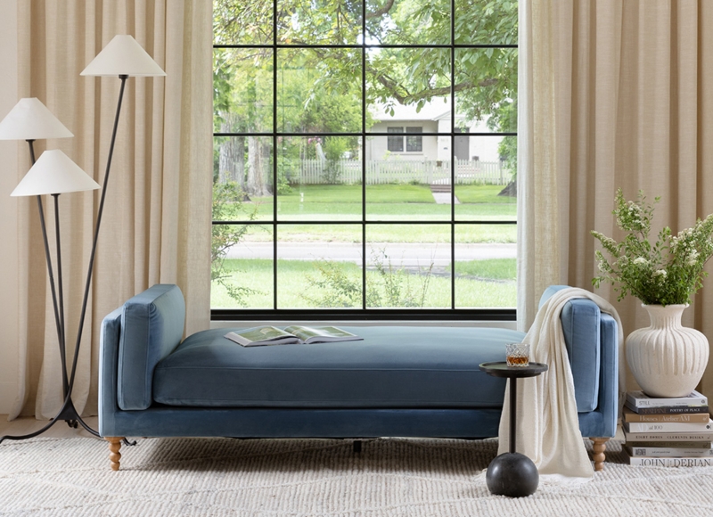 Daybed with Spindle Legs in Slate Blue Upholstery, Transitional Reading Nook