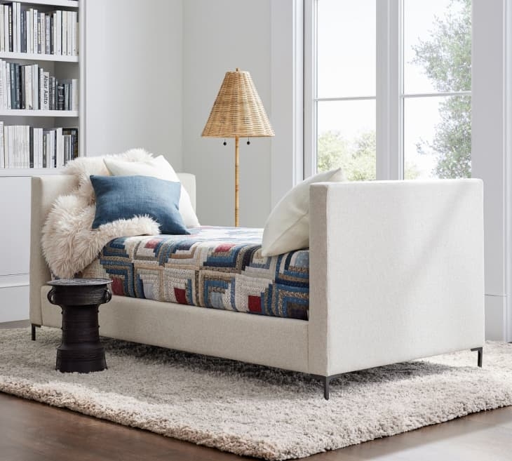 Daybed with Thin Metal Legs and High Sides, Cream Upholstered Fabric