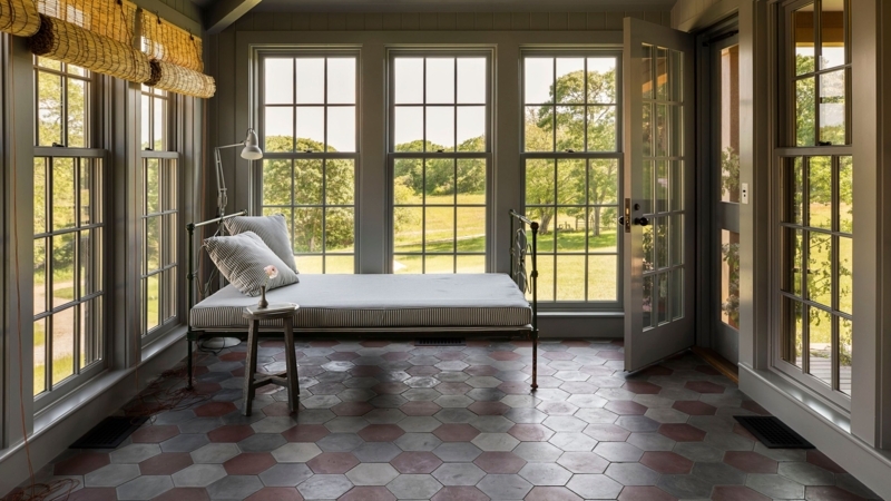 Daybed with Ticking Stripe Upholstery in Sunroom, Iron Frame Ideas