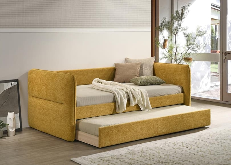 Daybed With Trundle in Mustard Yellow Upholstery, Rounded Arms