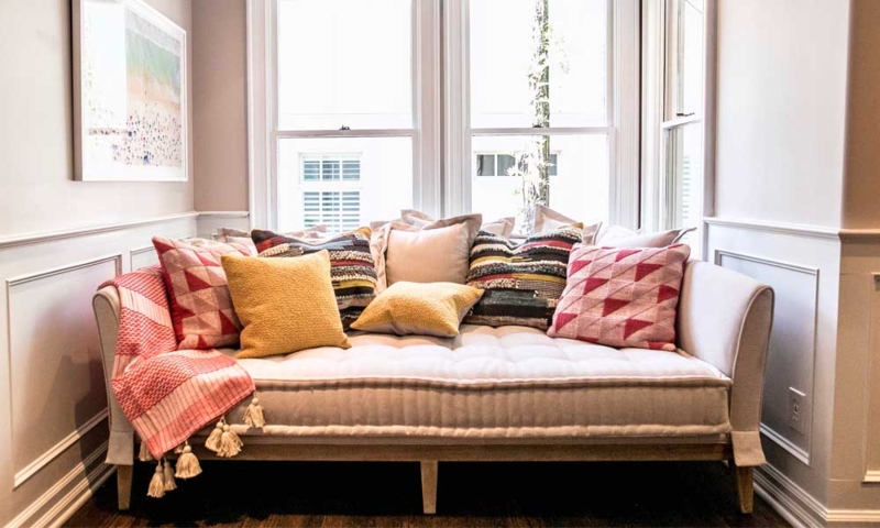 Daybed with Tufted Mattress and Flared Arms, Boho Accent Pillow Layer