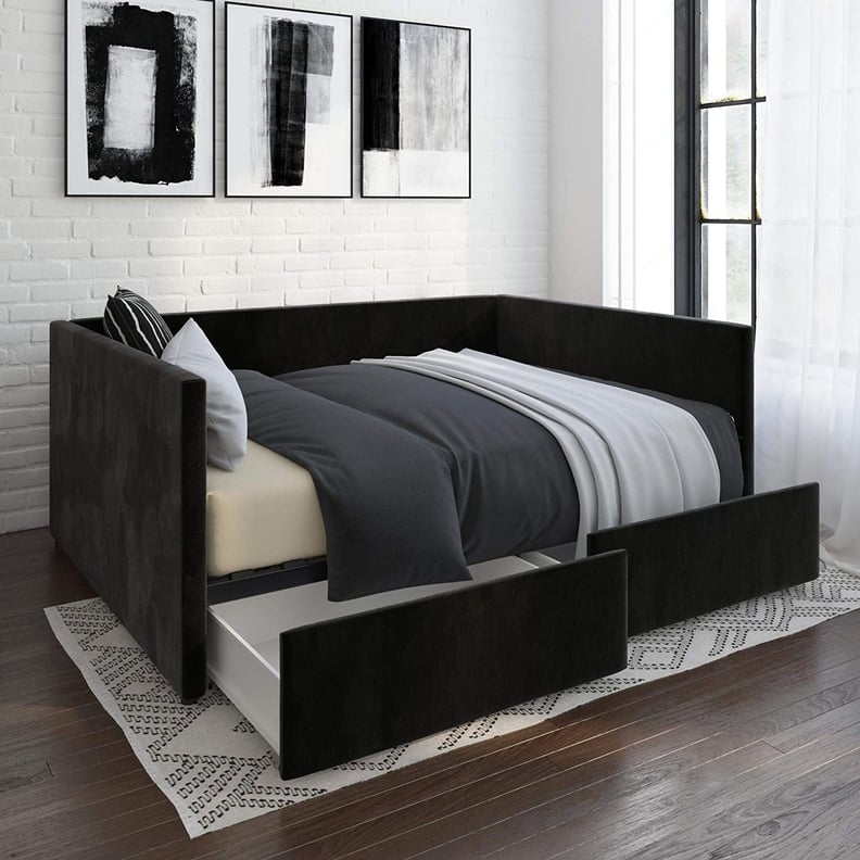 Daybed with Underbed Storage and Corner Frame, Matte Black Upholstery