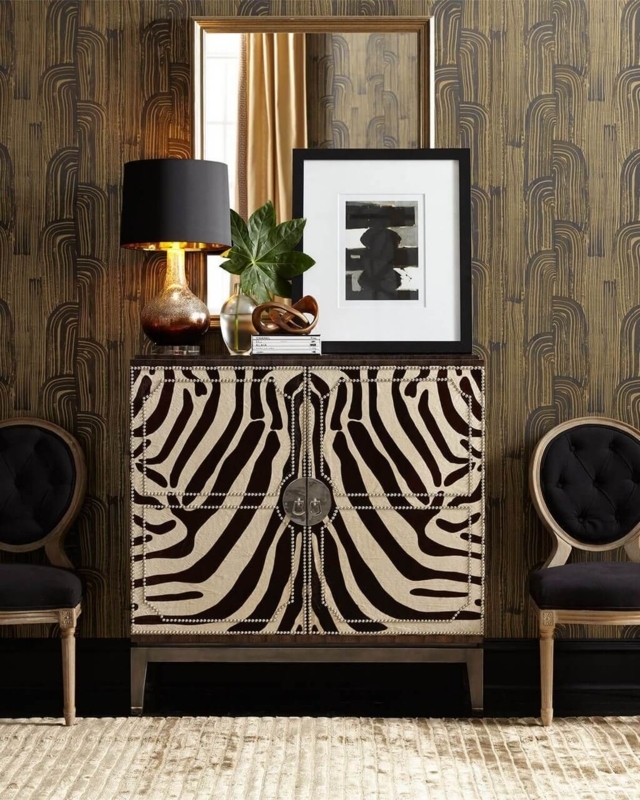 Decorative Cabinet Zebra Print Arched Wallpaper Nailhead Trim Entryway Decor