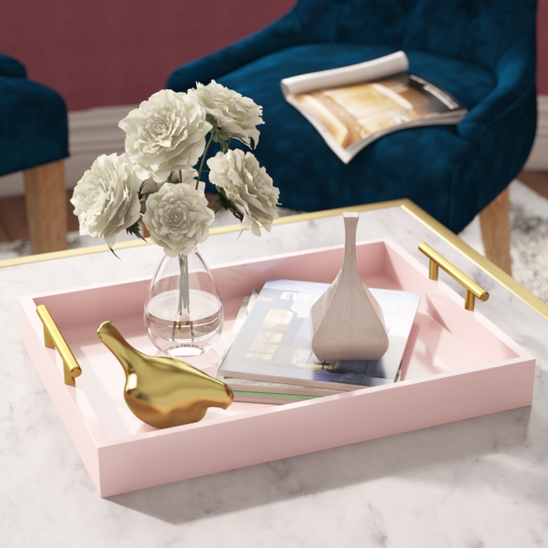 Decorative Tray Blush Pink Lacquer Finish Gold Side Handles Glam Decor