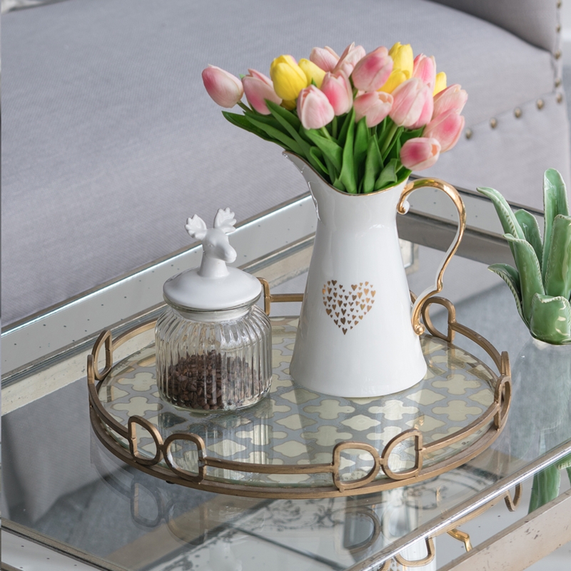 Decorative Tray Polished Gold Metal Quatrefoil Pattern Base Glass Glam