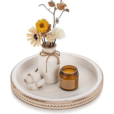 Decorative Tray Round Beaded Rim Distressed Whitewash Farmhouse Decor