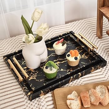 Decorative Tray Set Black Gold Marble Pattern Nested Pair Modern Glam