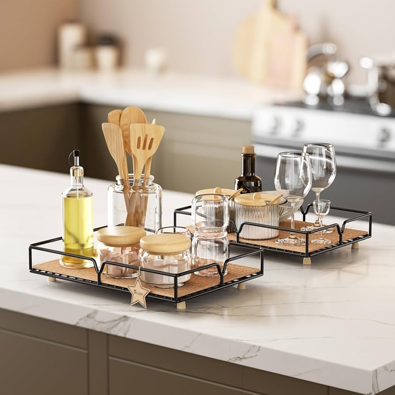 Decorative Tray Wire Frame Cork Liner Ball Feet Farmhouse Kitchen Decor