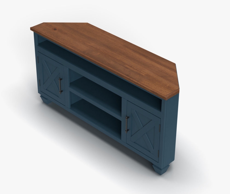 Denim Blue Corner TV Stand with Whiskey Brown Top