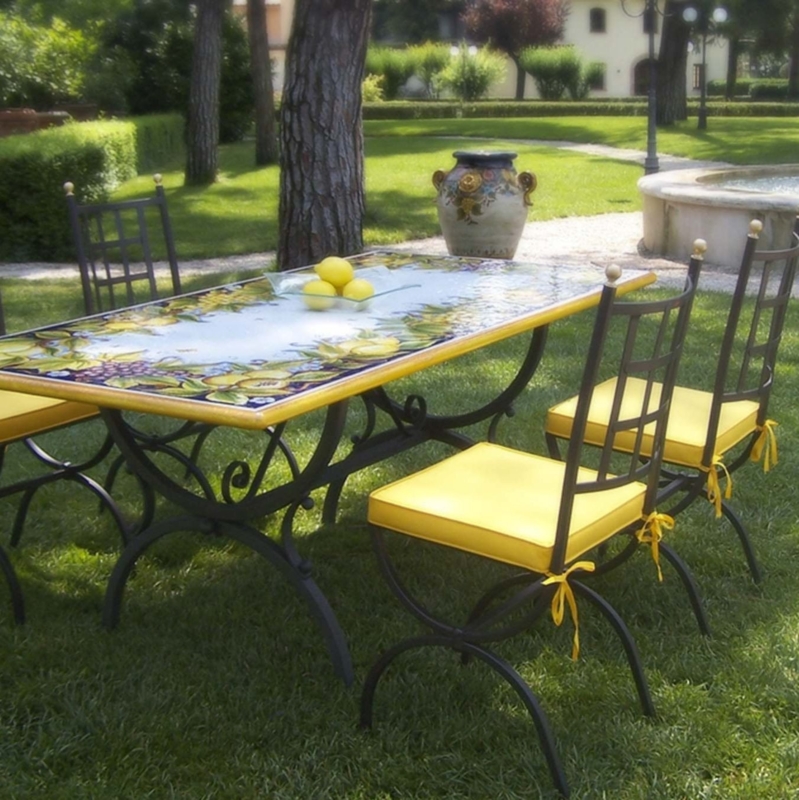 Deruta Style Outdoor Dining Set Hand Painted Ceramic Top Lemon Pattern