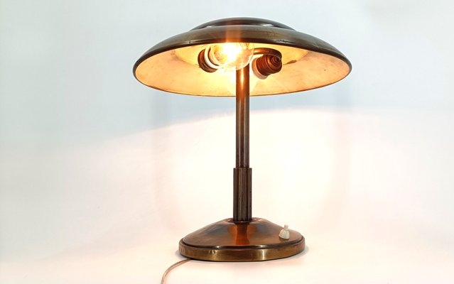 Desk Lamp Art Deco Mushroom Shade Fluted Stem Aged Copper