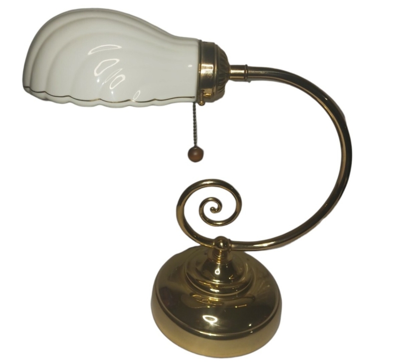 Desk Lamp Polished Brass Porcelain Clam Shell Shade Scroll Accent