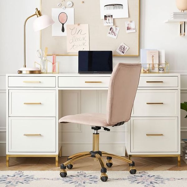 Desk Set White Gold Sled Legs Seven Drawers Modern Glam