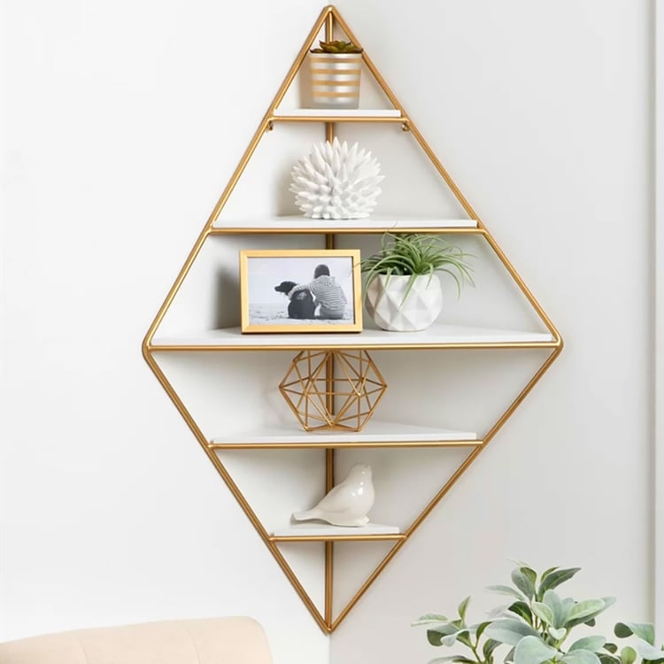 Diamond Corner Shelf: Metallic Gold Geometric Frame, 5-Tier Display