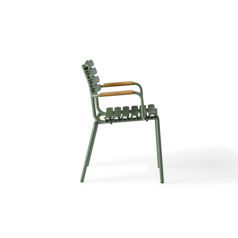 Dining Arm Chair Olive Green Slatted Design with Tubular Metal Frame