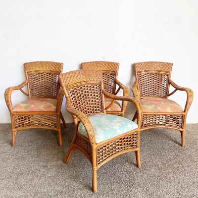 Dining Armchair Boho Rattan with Woven Wicker Panels and Flared Back