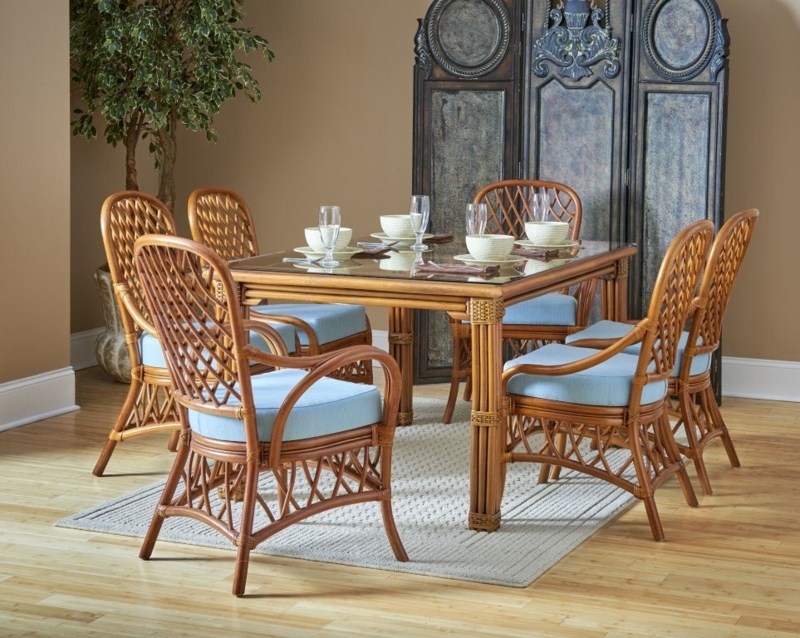 Dining Armchair Coastal Rattan with Lattice Back and Light Blue Cushion