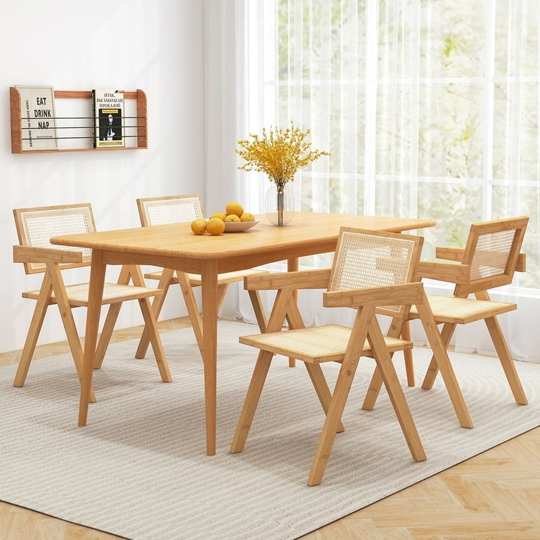 Dining Armchair Rattan Cane Mesh with Bamboo Frame and Tapered Legs