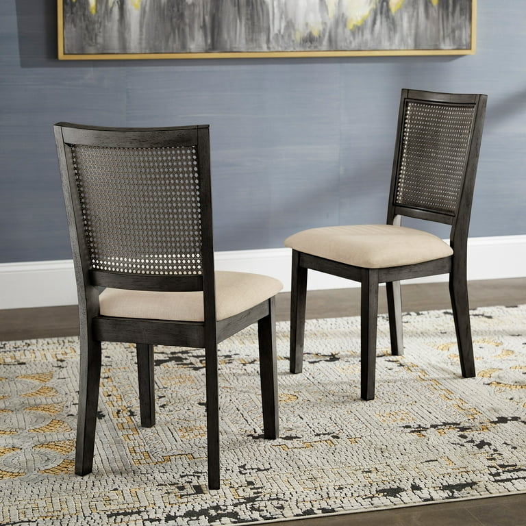 Dining Chair Antique Black Finish Rattan Back Beige Upholstered Seat