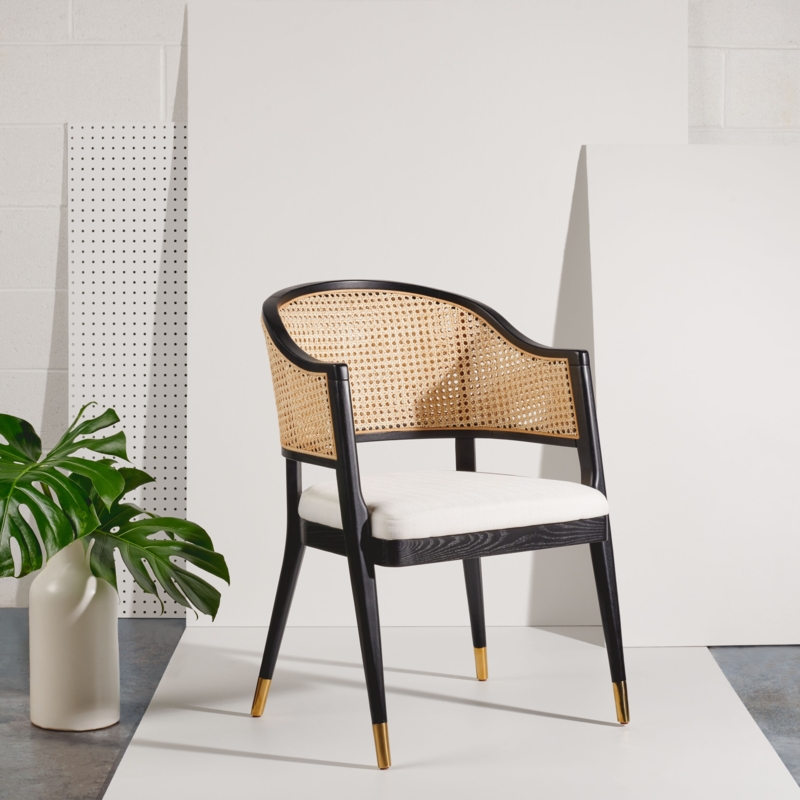 Dining Chair Black Cane Barrel Back Gold Capped Feet Upholstered Seat