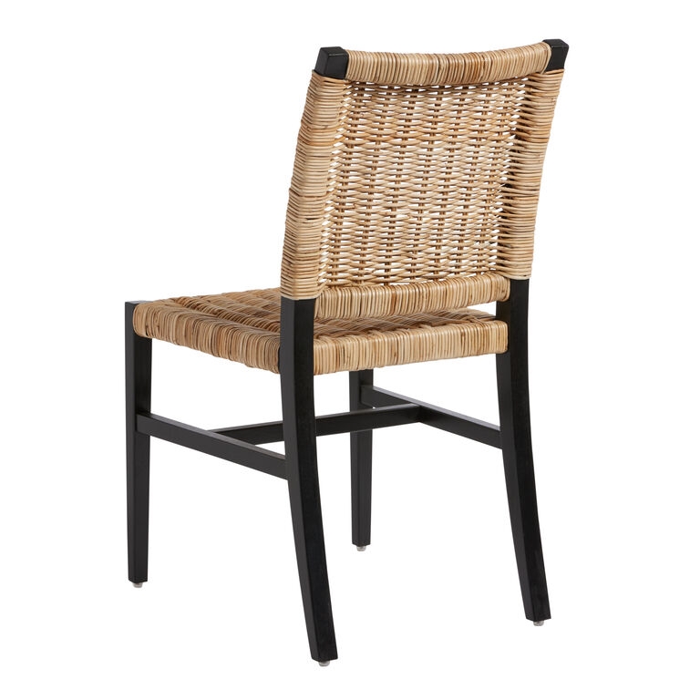 Dining Chair Black Wood Woven Cane Back Wrapped Seat Rail H-Stretcher