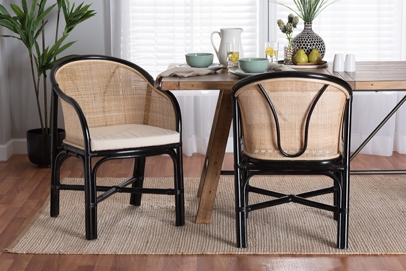 Dining Chair Bohemian Cane Barrel Back Matte Black Cream Cushion
